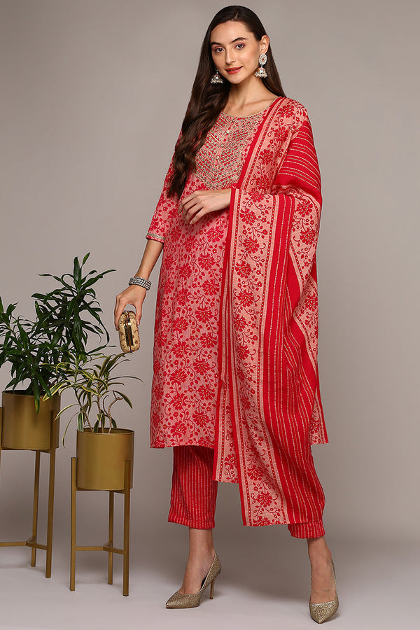 Pink Silk Blend Printed Straight Suit Set | WomensFashionFun.com