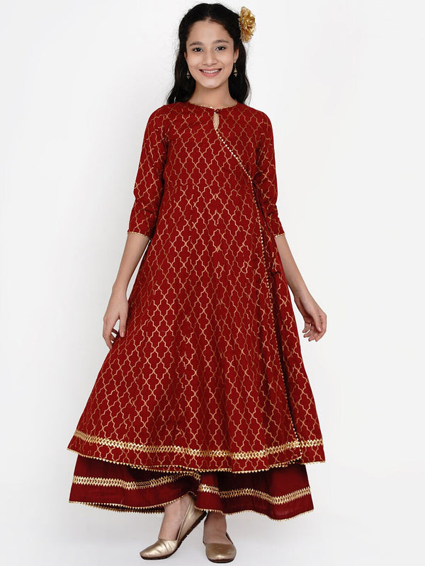 Girls Maroon & Gold Ethnic Motifs Foil Print Anarkali Kurta With Palazzos | WomensFashionFun